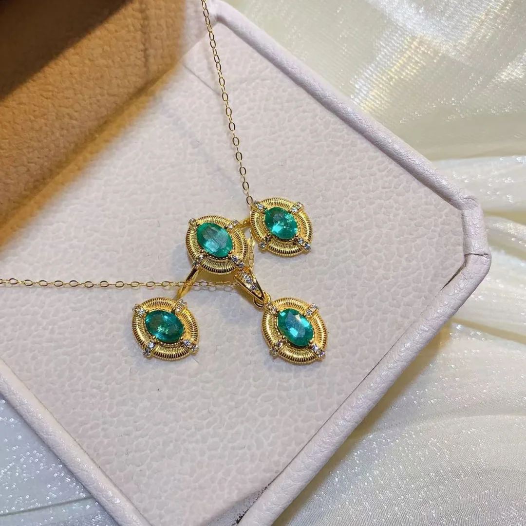 

Original Designer Style Natural Emerald Set S925 Silver Fine Inlay Exquisite Glossy Gem Stylish Temperament Daily Jewelry 4*6mm