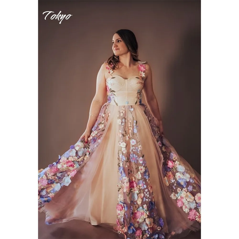 Tokyo Customized Beige Floral Straps Wedding Dress Sleeveless Back Zip Flower A-Line Bridal Gowns Floor-Length Wedding Gowns