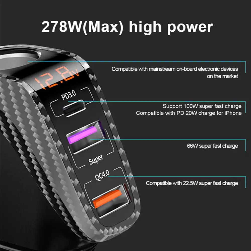 100W Car Charger PD 3.0 QC 4.0 Super Charge Cigarette Lighter Phone Charger Quick Charge 3-Socket Universal