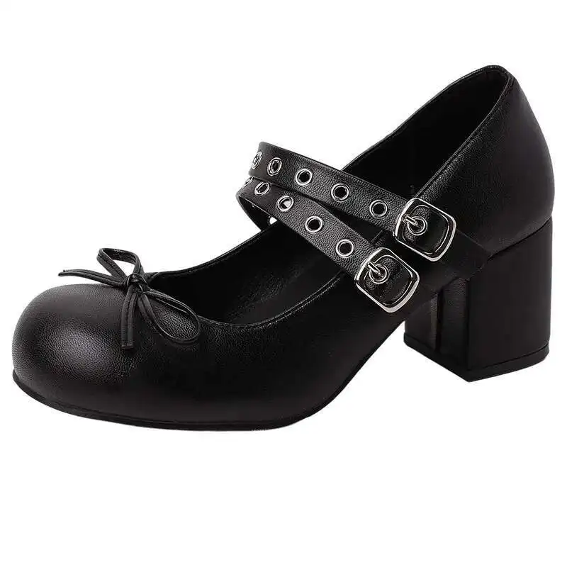 

2025 Summer Fashion Mary Janes Women's High Heels Buckle Strap Pumps Women Bow Tie Shallow Chunky Heel Platform Shoes