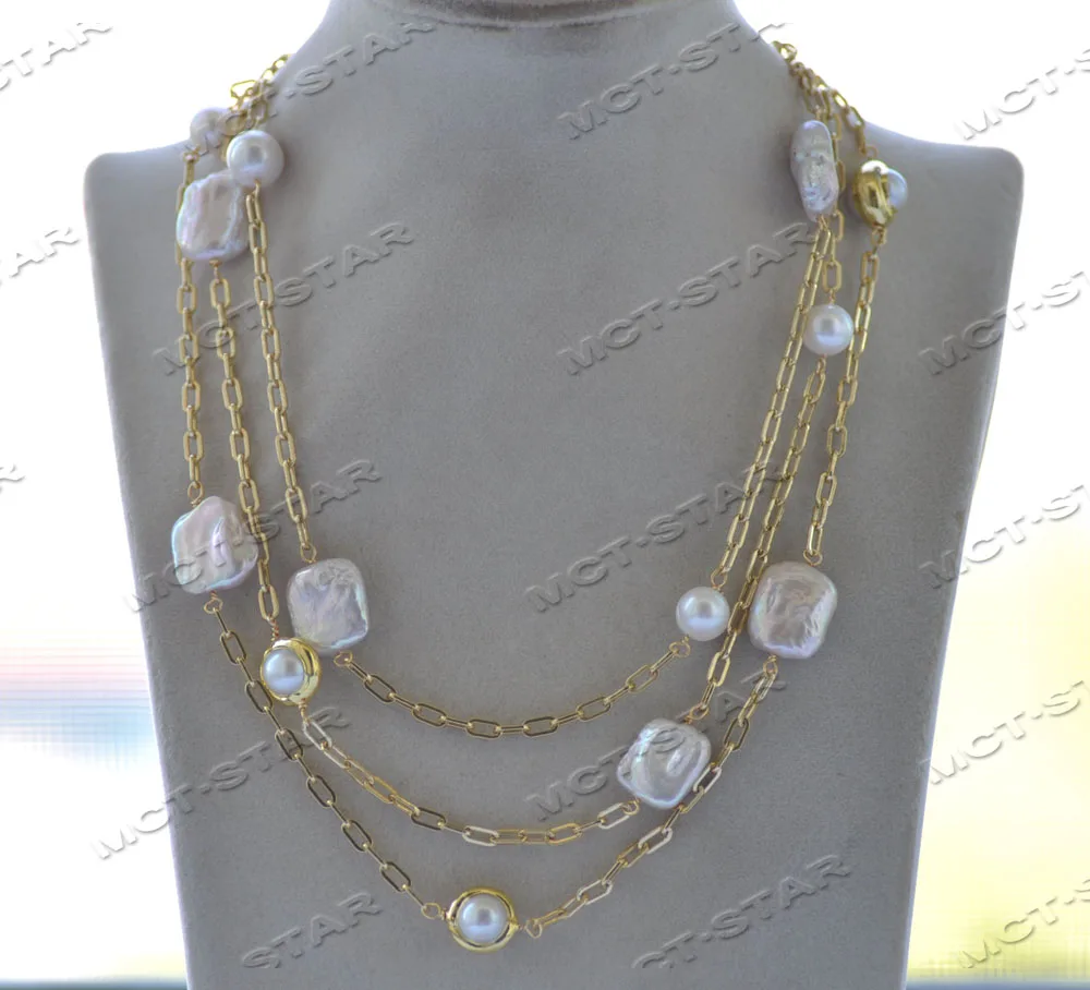 

Z12276 57" 17mm White Square Coin Round Freshwater Pearl Necklace Chain