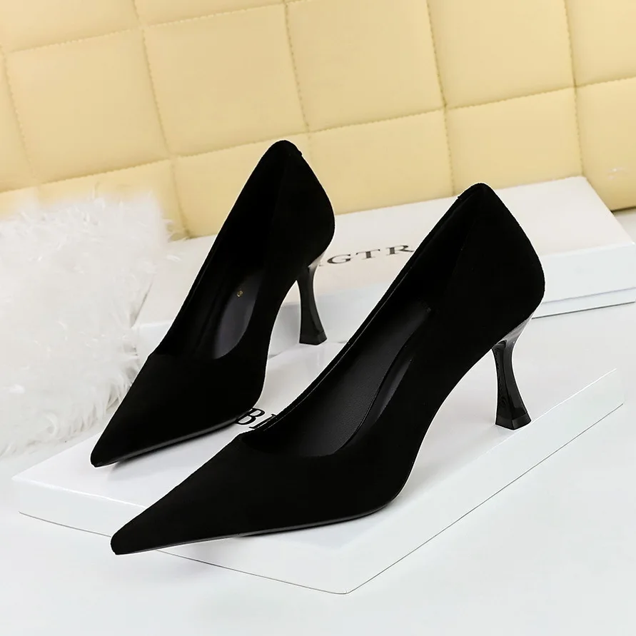 

Style Fashion And Minimalist Slimming Wine Glasses High Heels Shallow Mouthed Pointed Suede Women's Singles Shoes Women Pumps