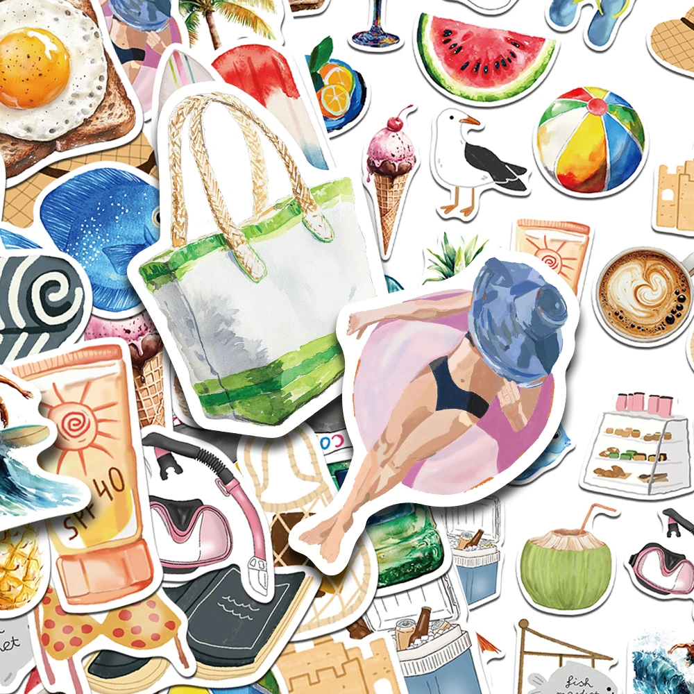 50pcs Cartoon Boat Beach Pool Day Stickers Decals For Phone Scrapbook Skateboard Helmet DIY Aesthetic Stickers Creative Gifts