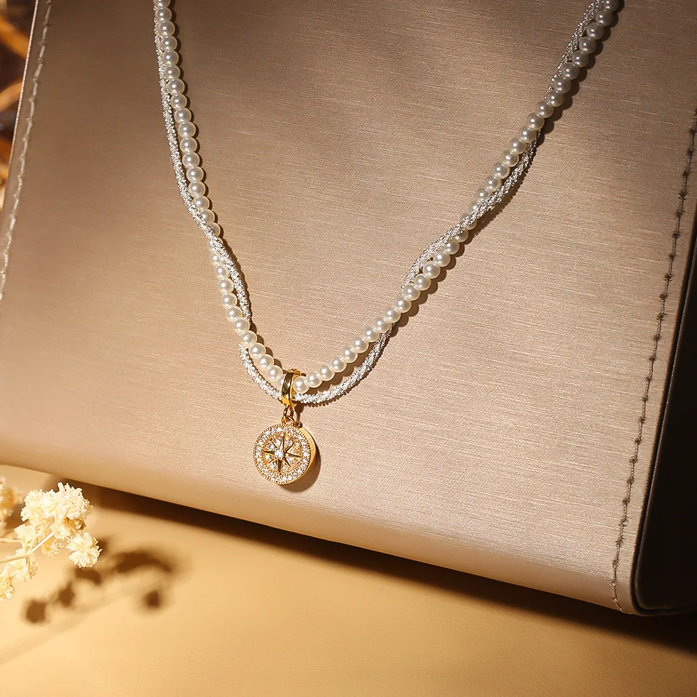 

Fashionable eight-pointed star pendant wrapped around pearl necklace light luxury versatile double-layer clavicle chain