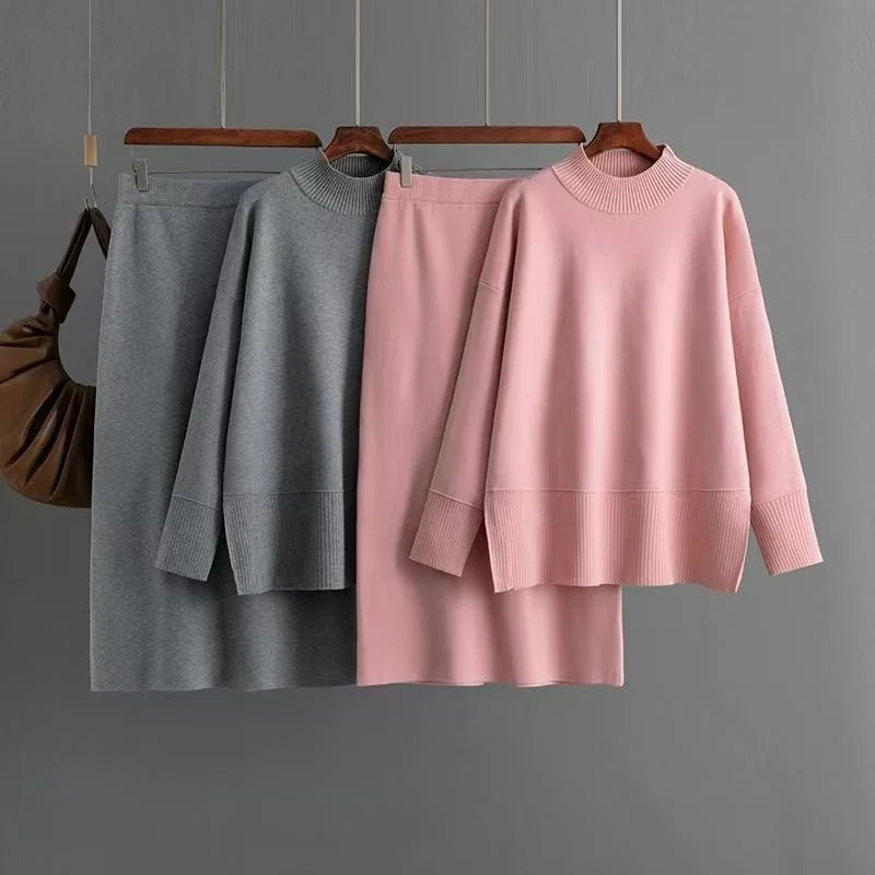 

High Neck Knitted Sweater And Skirt Set Asymmetrical Half Length Slit Fashionable Two Piece Women's Clothing Ensemble