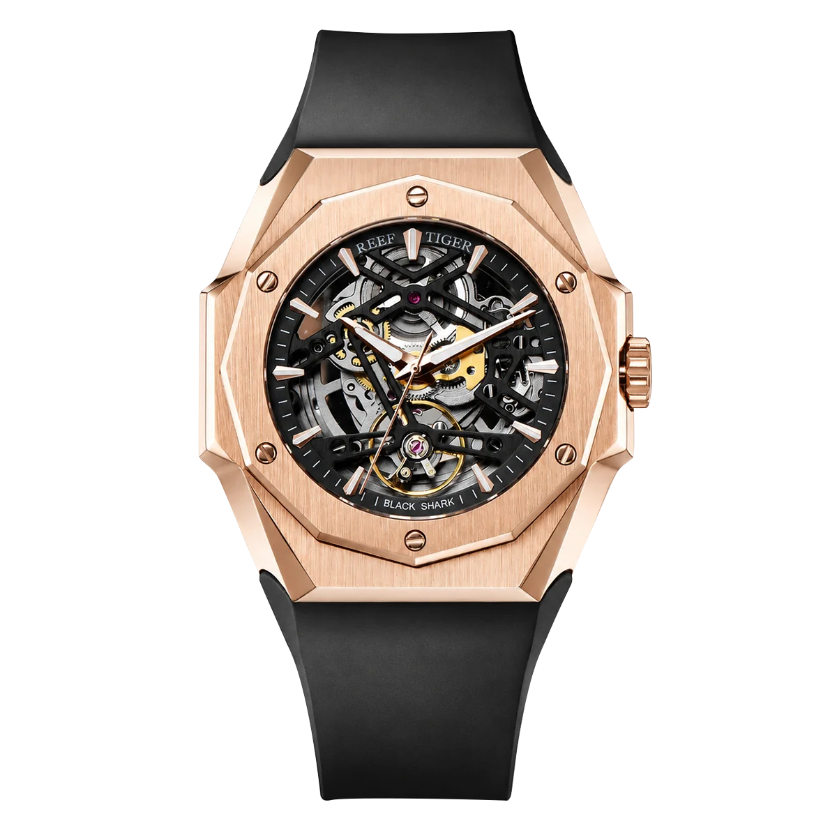 Reef Tiger/RT RGA6919 Classic Men's Retro Watch Automatic Mechanical Frame Black Case Rubber Strap Luxury Mechanical Watch Reloj