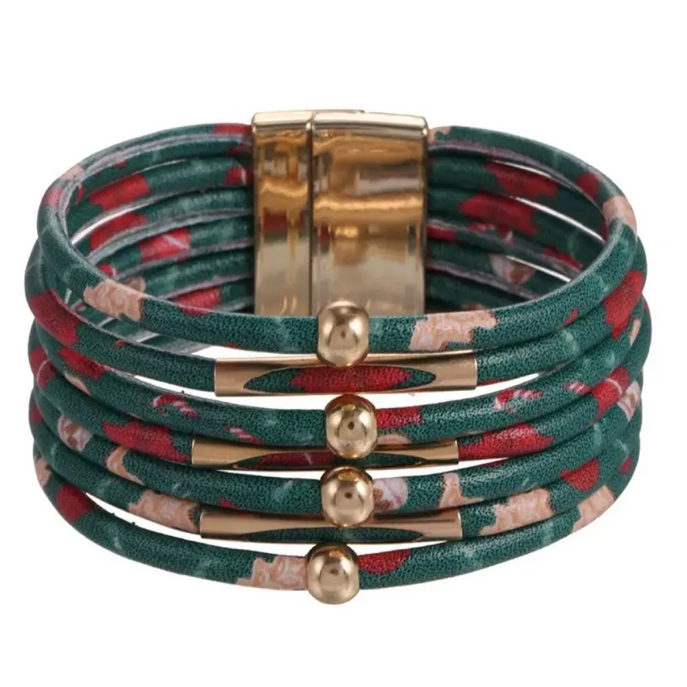 Multilayer Leather Bangle Checkered Print Jewelry Accessories Wide Wristband Floral Print Wide Wrap Bracelet Special Occasions