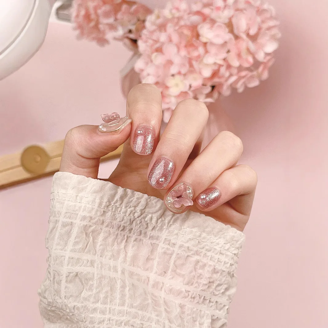 

10pcs Cat's Eye Hand-painted Press on Nails 3D Ice Transparent Butterfly Manicure Wearable Nail for Women and Girls False Nail