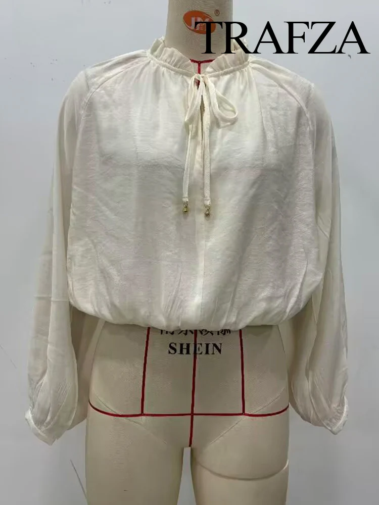 

TRAFZA Women Autumn Fashion Sweet Bubble Sleeve Droop Semi-Translucent Shirt Female Chic Tencel Fabric Loose Long-Sleeved Shirt