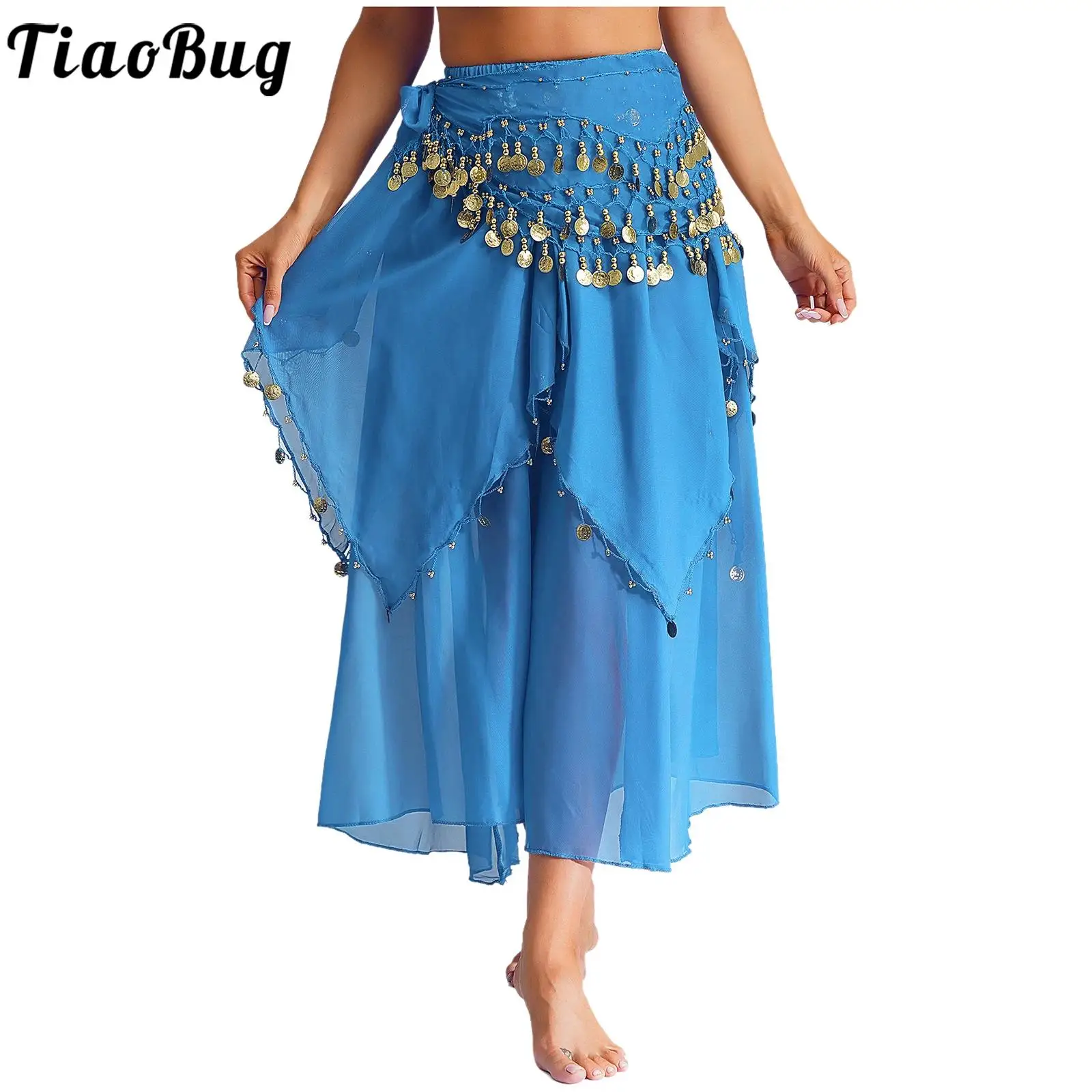 

Women Belly Dance Costume Set 2Pcs Hip Scarf Chiffon Skirt Sequined Dots Irregular Layered Skirts Belly Dancing Clothes Outfit