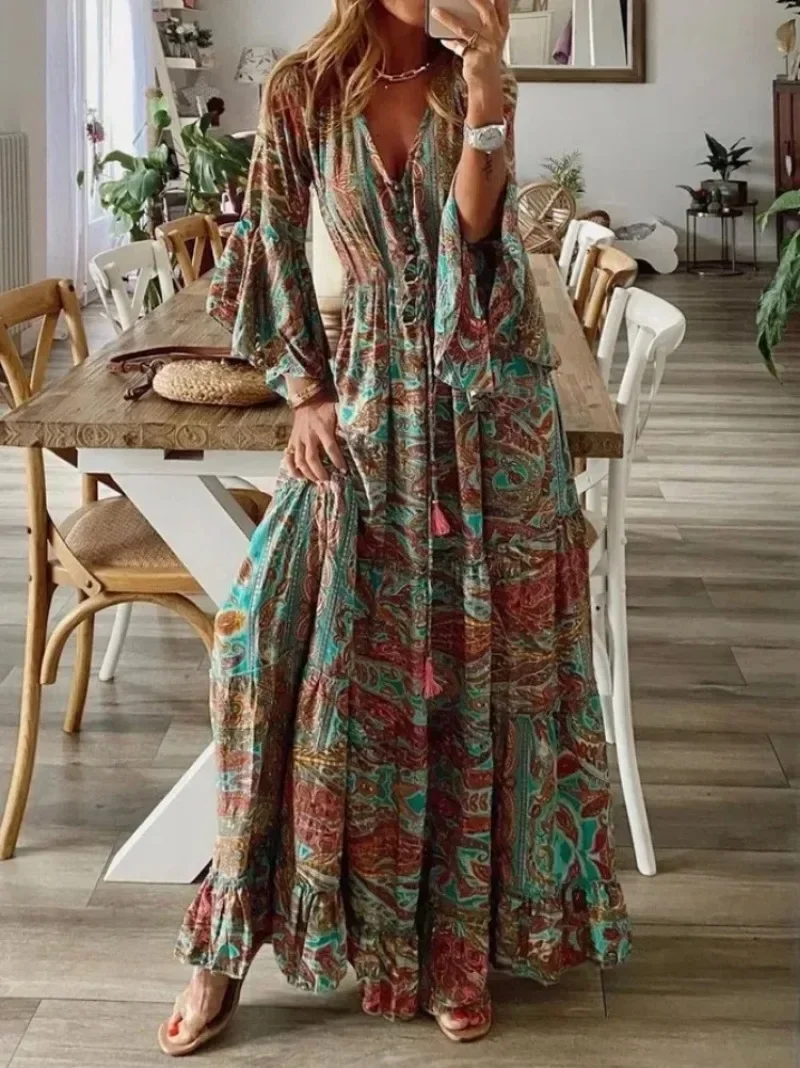 Women Summer Casual Floral Printed Sexy Long Sleeve Dresse Boho Hippie Chic Beachwear Cottagecore Dress  Maxi Dresses for Women