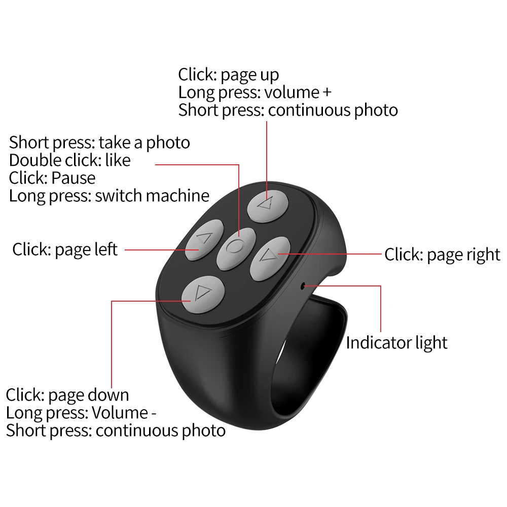 Controlador de selfie sem fio, bluetooth, ponta do dedo, anel curto, turner de página de vídeo, controlador de navegação para celular