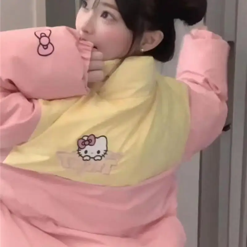 Cappotto in cotone con giunture ricamate Kitty Cat Ragazza Kawaii Cuore Dolce e carino Autunno e inverno Nuova giacca calda allentata creativa