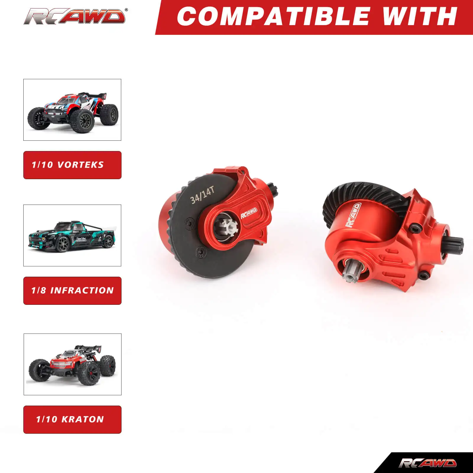 RCAWD 34T 14T Diff Set for 1/10 ARRMA Granite Senton Old Big Rock 3S Front Rear Differential Gearbox Assembly 20K Upgrade Parts