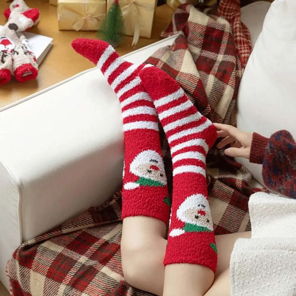 

Breathable Calf Socks Christmas Stocking Long Tube Coral Fleece Home Sleep Socks Fashion Design Santa Claus Women Hosiery Girls