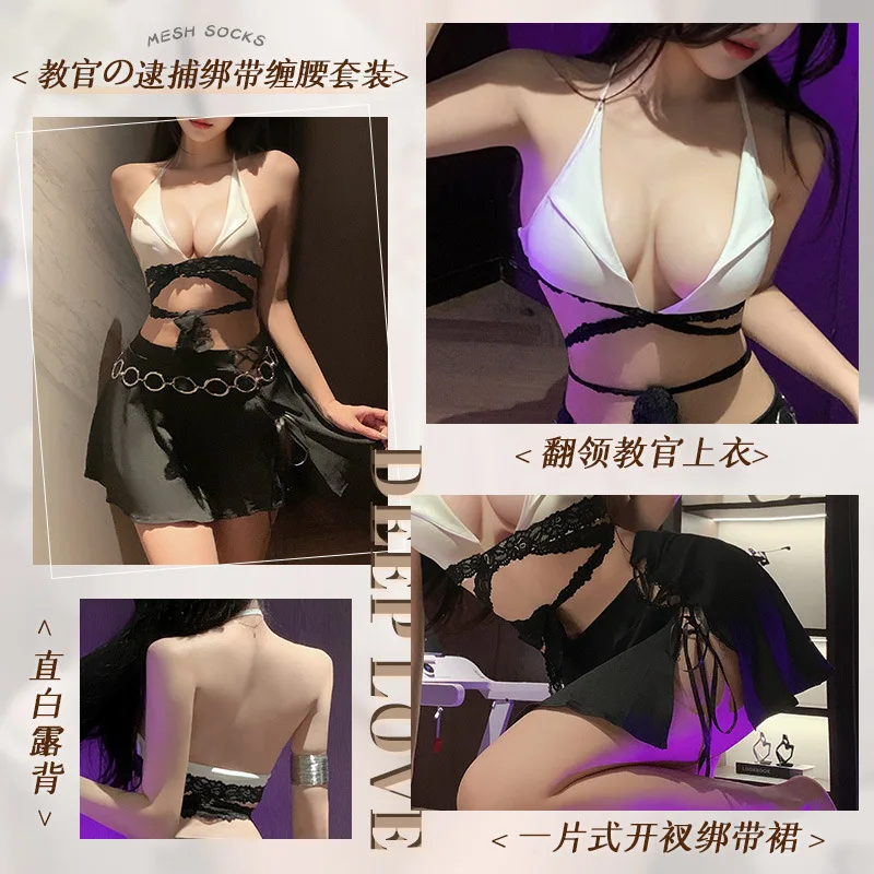 Sexy Lingerie Secretary Instructor Uniform Cosplay Exotic Office Lady Bandage Deep V Halter Top Mini Skirt Nightclub Temptation