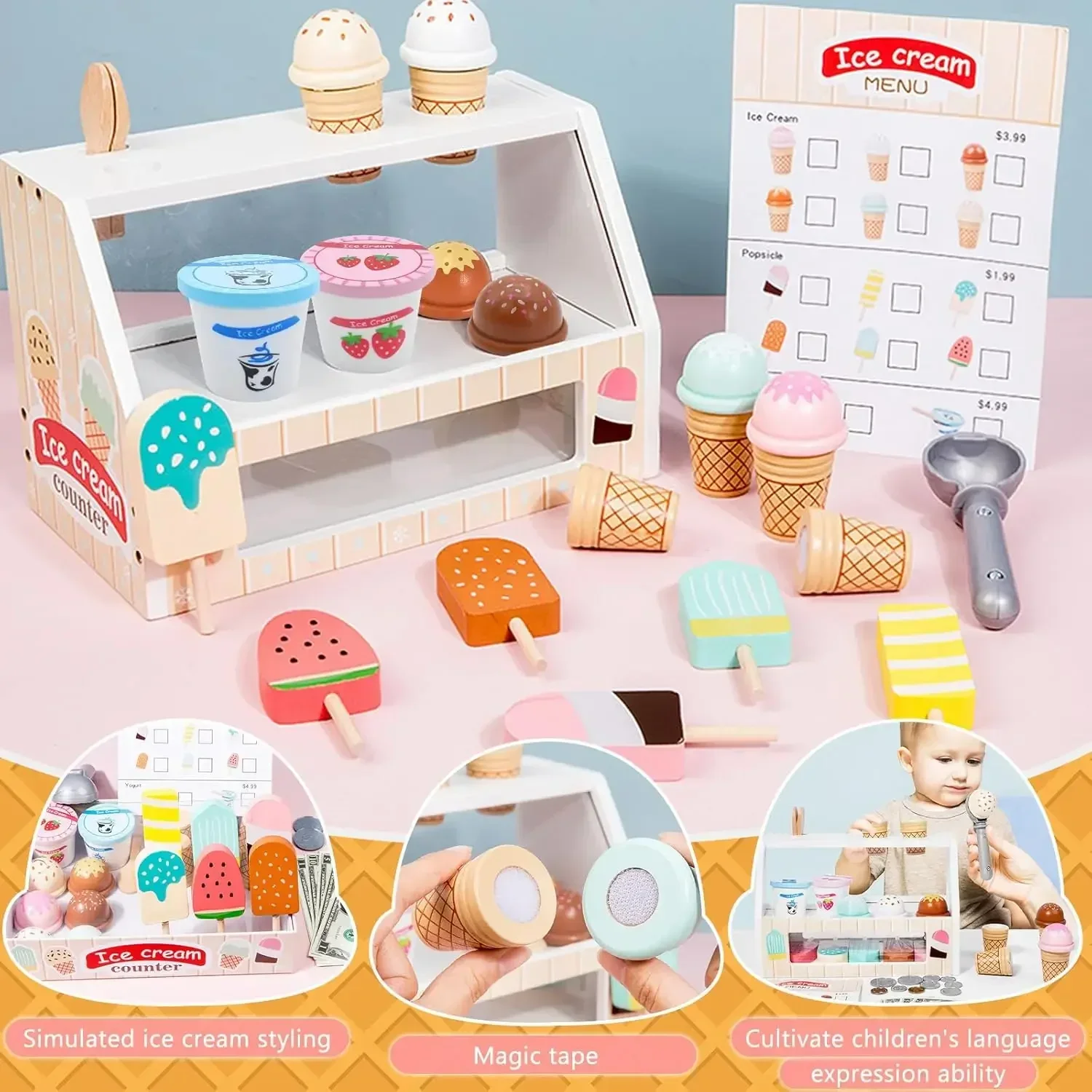 X3 sorvete brinquedo infantil montessori fingir jogar brinquedos de comida acessórios de cozinha com moeda role play para crianças meninas meninos