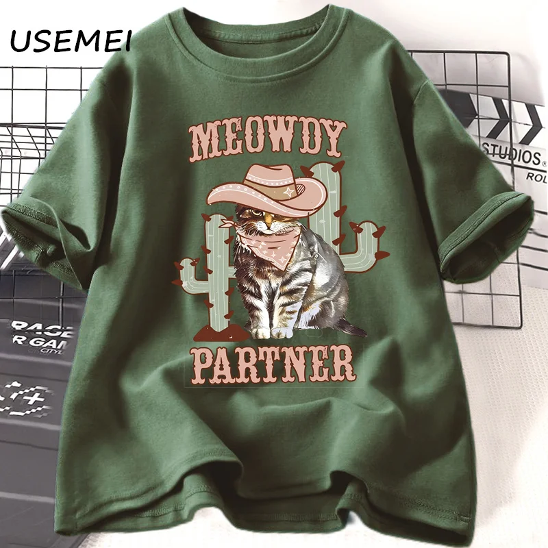 

Meowdy Partner T-Shirt Women Men Cowboy Cat T Shirt Western Yeehaw Country Cat Graphic T Shirts Vintage Cotton Short Sleeve Tees