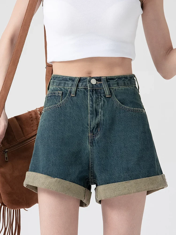 

Summer New Casual Women High Waisted A-line Denim Shorts Korean Fashion Light Blue Loose Rolled Edge Versatile Spicy Girl Shorts