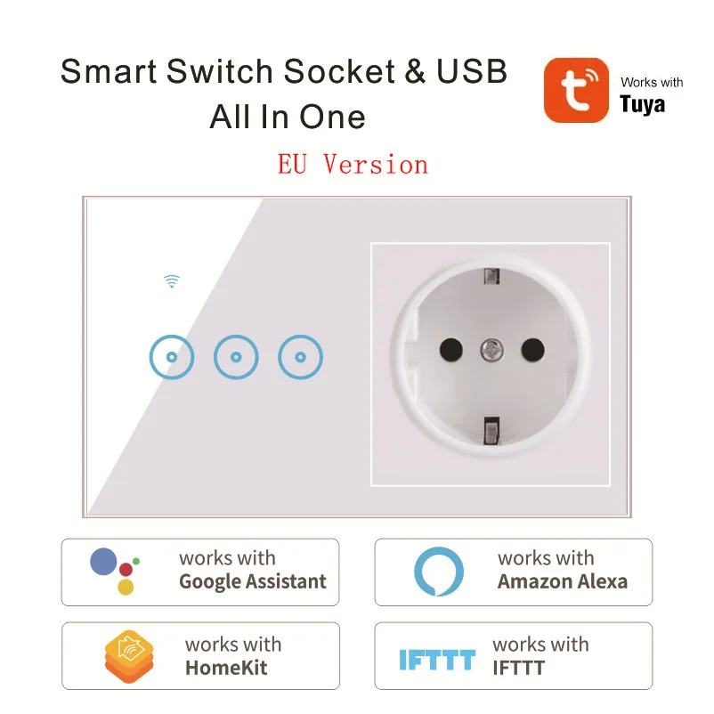 

Smart home Tuya 1/2/3 gang Multi-function integrated wall WiFi smart switch socket workswith Google/Alexa