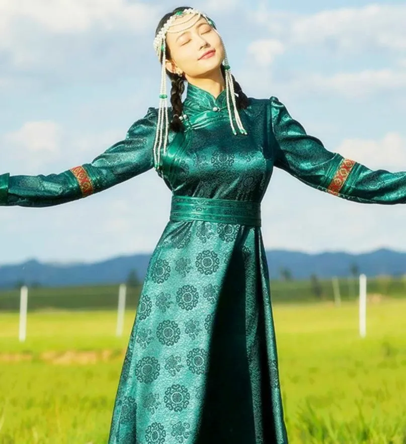 

Mongolian Yurts Casual Daily Long Robe Dress Slim Figure Stand Up Collar Traditional Apparel Mongolia Prairie Women's Clothing