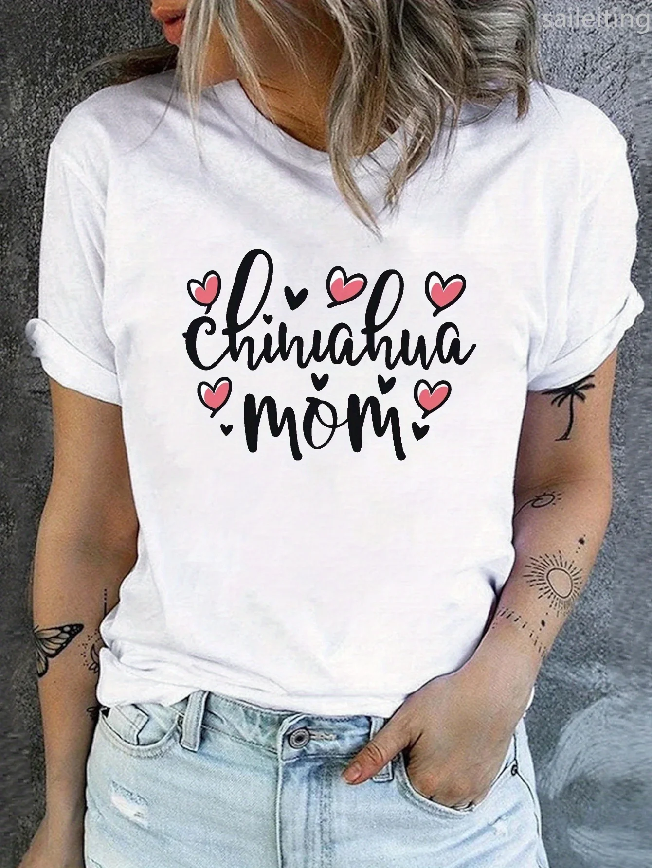 Chihuahua Mom & Hearts Print Crew Neck T-Shirt Casual Short Sleeve TShirt for Spring & Summer Women's Clothing Aesthetic Clothes