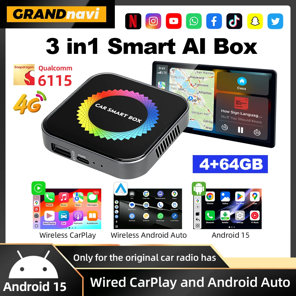 Android 15 3IN1 AI BOX Wireless Android Auto CarPlay Qualcomm 6115 Build-in Play Store For Netflix YouTube For OEM Wired Cars