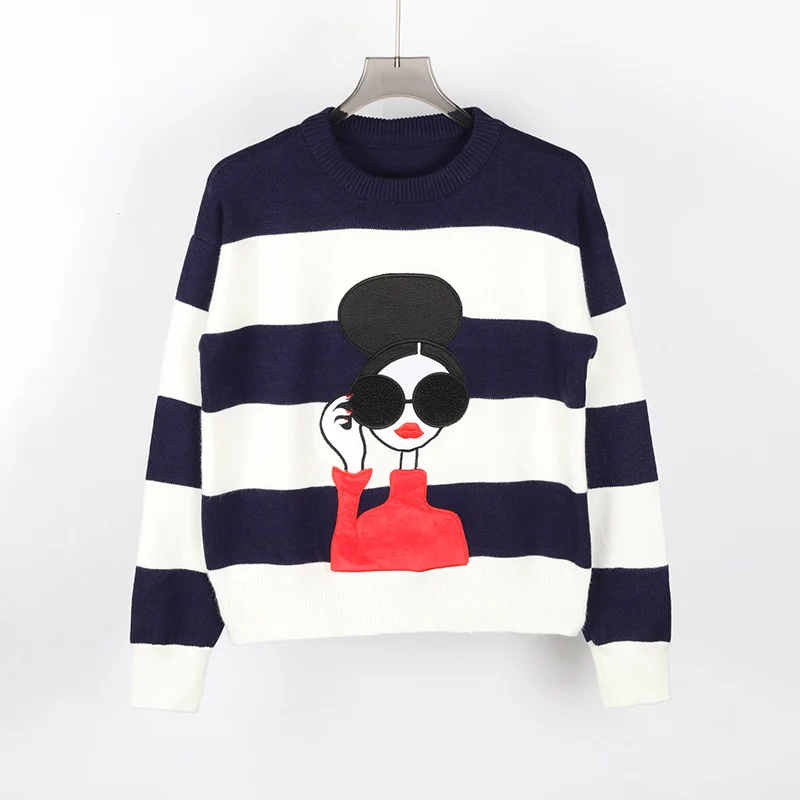 Embroidered Alice Olivia Knit Pullover Sweater Contrast Long Sleeves Knitwear Fashion Aesthetic Top Autumn Winter Women Clothing