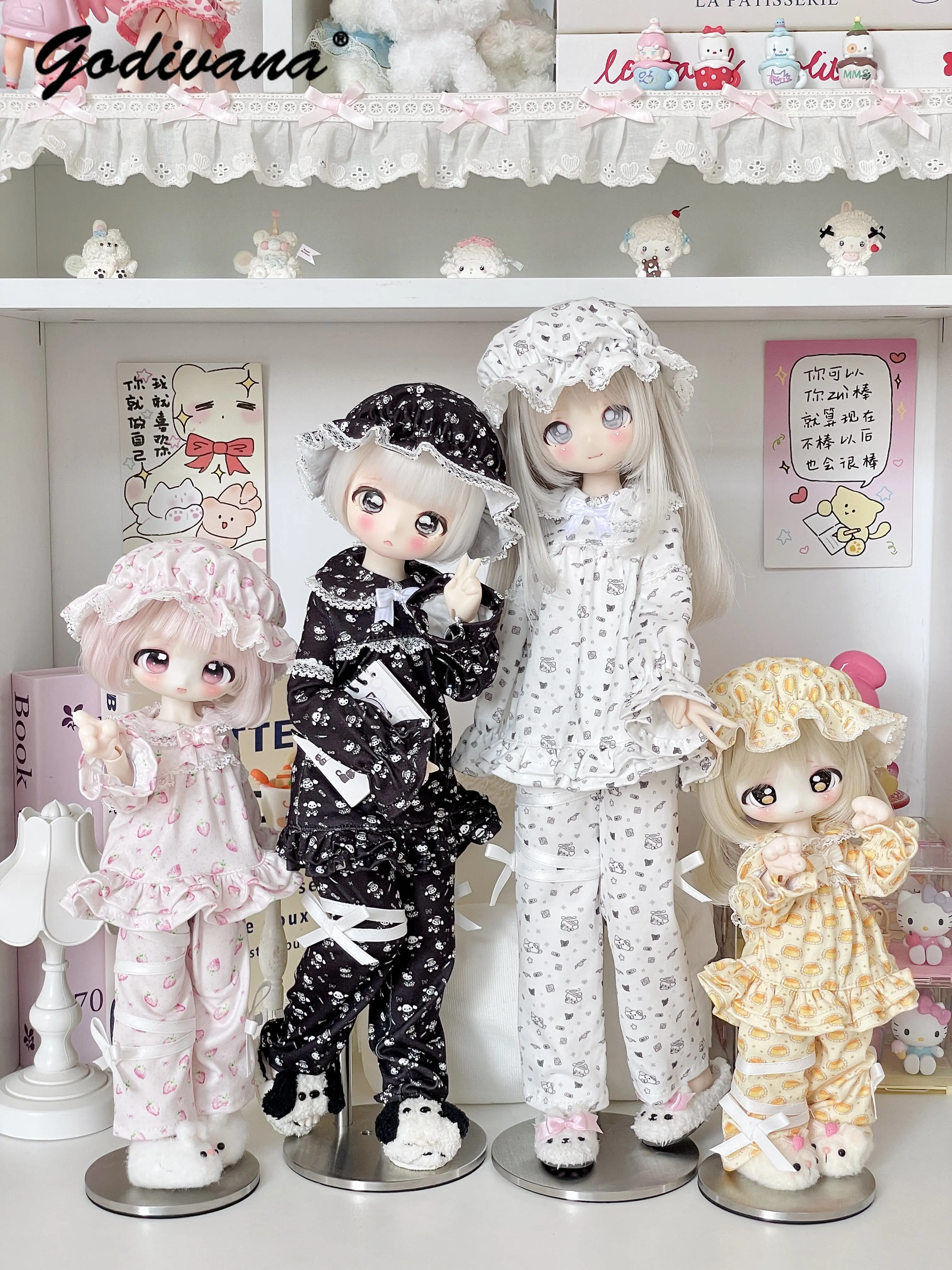 Handmade Printed Lace Ruffle Trim Loungewear BJD Doll Clothes Top+pants+hat 3pcs Set Fit 1/4 BJD Normal 4 and Chubby 4 Body