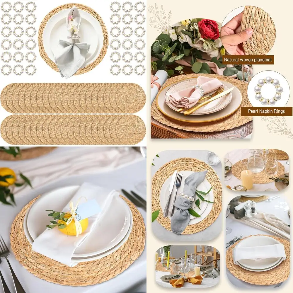 

Набор из 40 круглых плетеных подставок под тарелки диаметром 12 дюймов с 20 кольцами для салфеток с жемчугом, из натурального водяного гиацинта, для свадеб в стиле бохо или ужина.