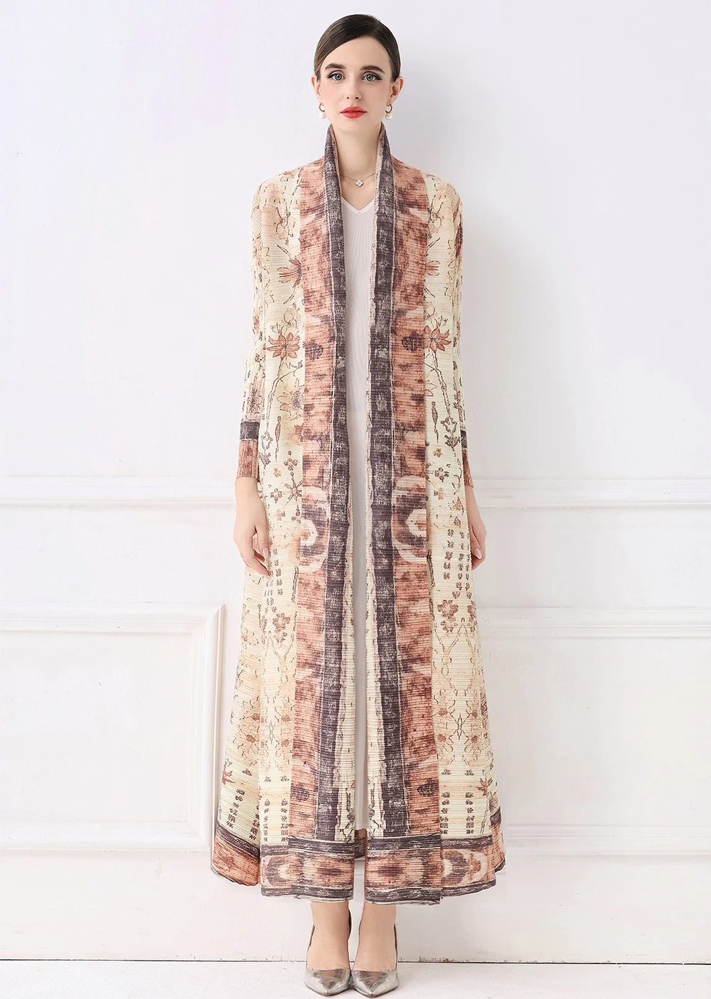 

Женский плиссированный плащ в стиле Мияке, осень 202, свободный универсальный мусульманский кафтан, длинная верхняя одежда с принтом