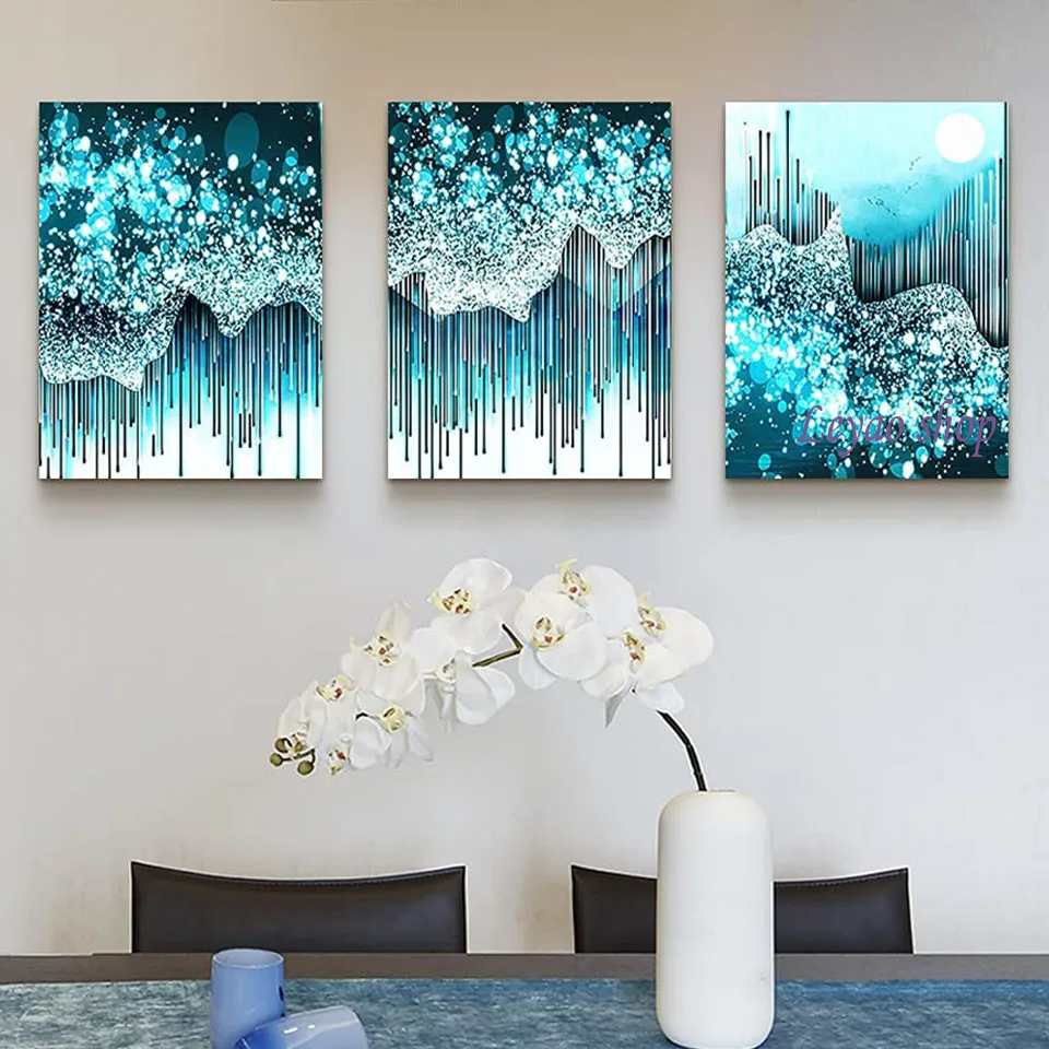 Blue and White Water Square Round 5d Diy Diamond Painting Abstract Art 3 pcs/set Full Diamond Embroidery Home Decor Triptych