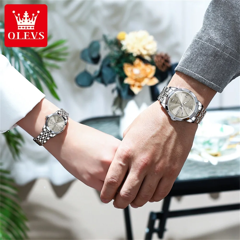 OLEVS 9998 ساعات الزوجين الفاخرة الأصلية الموضة الكلاسيكية العلامة التجارية مقاوم للماء مضيئة كوارتز ساعة اليد نافذة التقويم الساعات #5