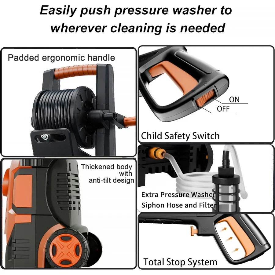 2025 غسالة الضغط العالي الجديدة 4800PSI مع تصميم طويل القامة 34 بوصة 4 فوهات توصيل سريعة خرطوم مدخل وفلتر 500 مل معرف مدفع الرغوة #5