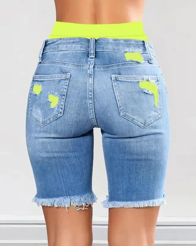 2023 Elegant Summer New Fashion Women's Colorblock Letter Print Ripped 2-In-1 Denim Skinny Shorts Female Casual Bottom