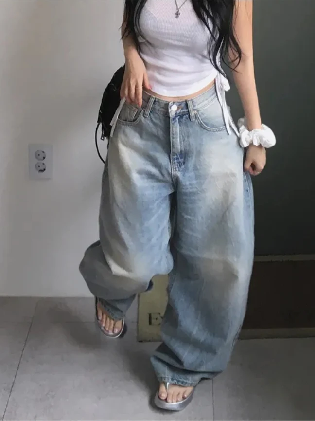 

Retro Waed Distred Denim High Waist Women's Summer Cool Sweet Wing Print Wide Leg Pants Drapey Versatile Casual Jeans