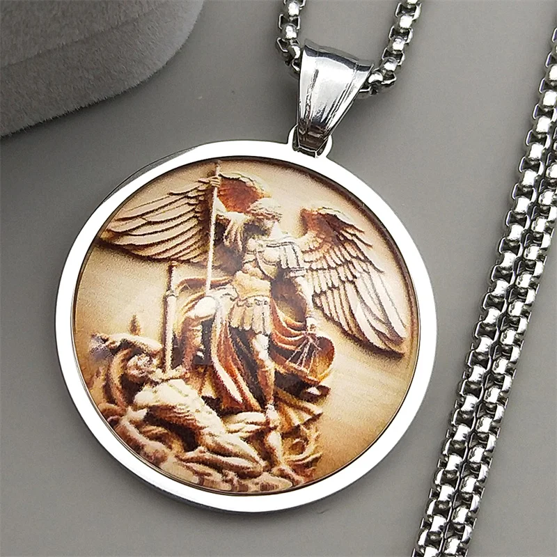 Arcange Saint Michael acier inoxydable pendentif rond collier pour femmes hommes couleur or chaîne chrétienne colliers bijoux cadeau