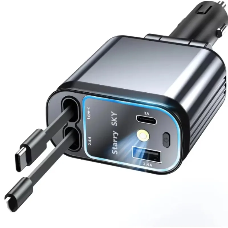 

GlowMart Factory Direct Retractable Car Charger with Starry Lights 66W 4-in-1 Usbc Fast Car Charger Portable Car Charger