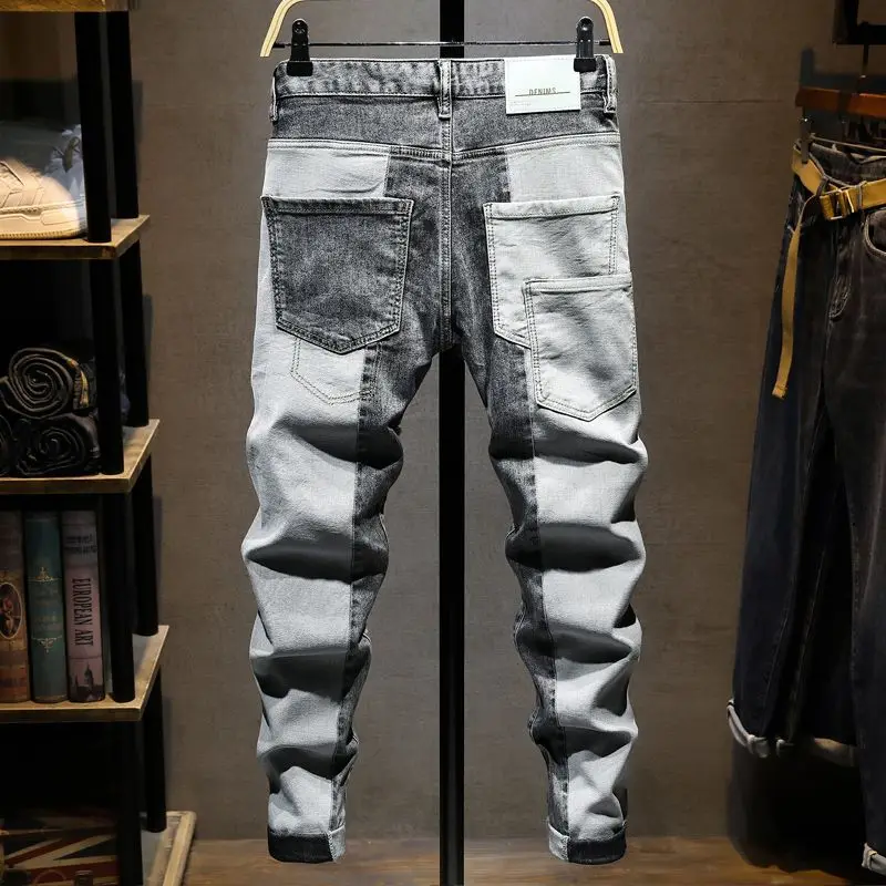 New Spring Autumn Korean Style Cargo Kpop Designer Streetwear 90s Slim Cowboy Grey Stretch Work Wear Splice Long Pants Man