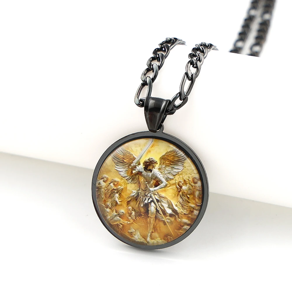 Archangel SAINT MICHAEL PROTECT US Glass Cabochon Medal Pendant Necklace Stainless Steel Gold Plated Christian Amulet Jewelry view 4