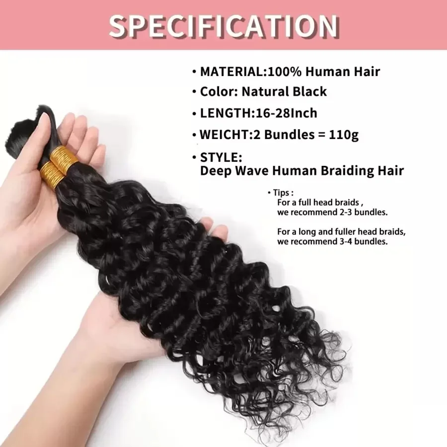 تجديل الشعر 12A موجة المياه العميقة السائبة الشعر البشري لا لحمة لضفائر بوهو 110 جرام البرازيلي مجعد وصلات شعر بشري السائبة 26 28"