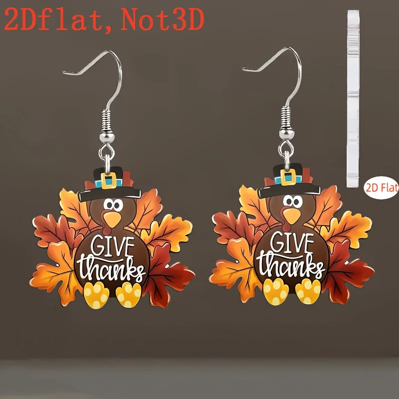 Pendientes planos 2D de acrílico con forma de hoja de pavo y otoño para mujer, pendientes colgantes de Acción de Gracias, joyería de fiesta