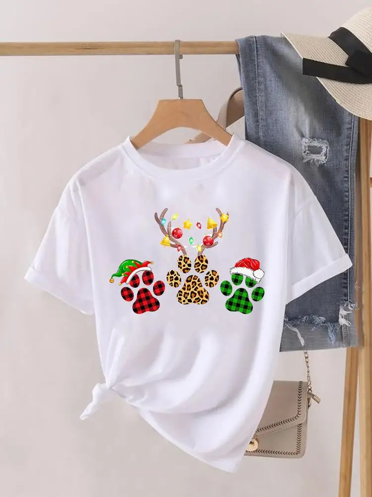 Funny Dog Claw Christmas T-Shirt Fashion Women Shirt Tee O-Neck Top Trend Cute Merry Christmas Clothing Clothes Graphic T-Shirt