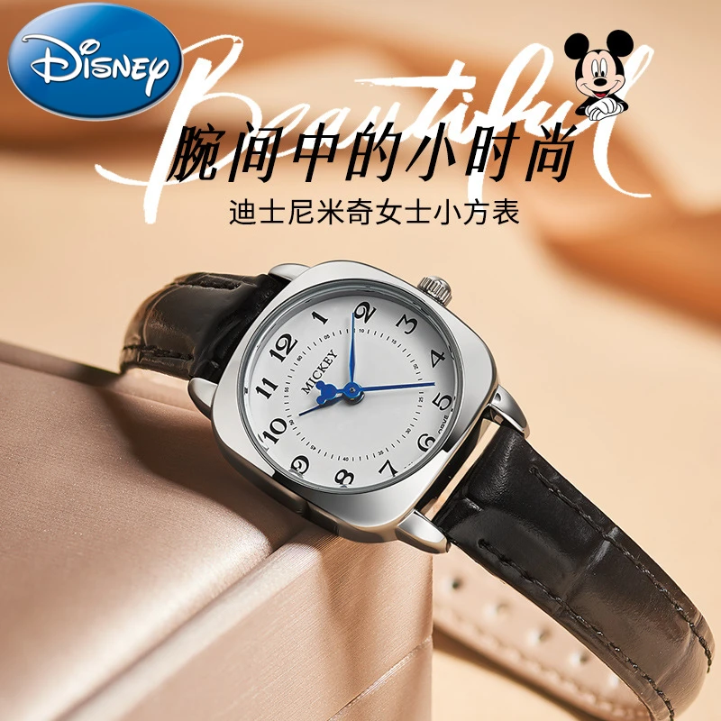 

Disney Mickey Light Модные женские маленькие квадратные часы Студенческие кварцевые часы с календарем в стиле ретро и подарочной коробкой