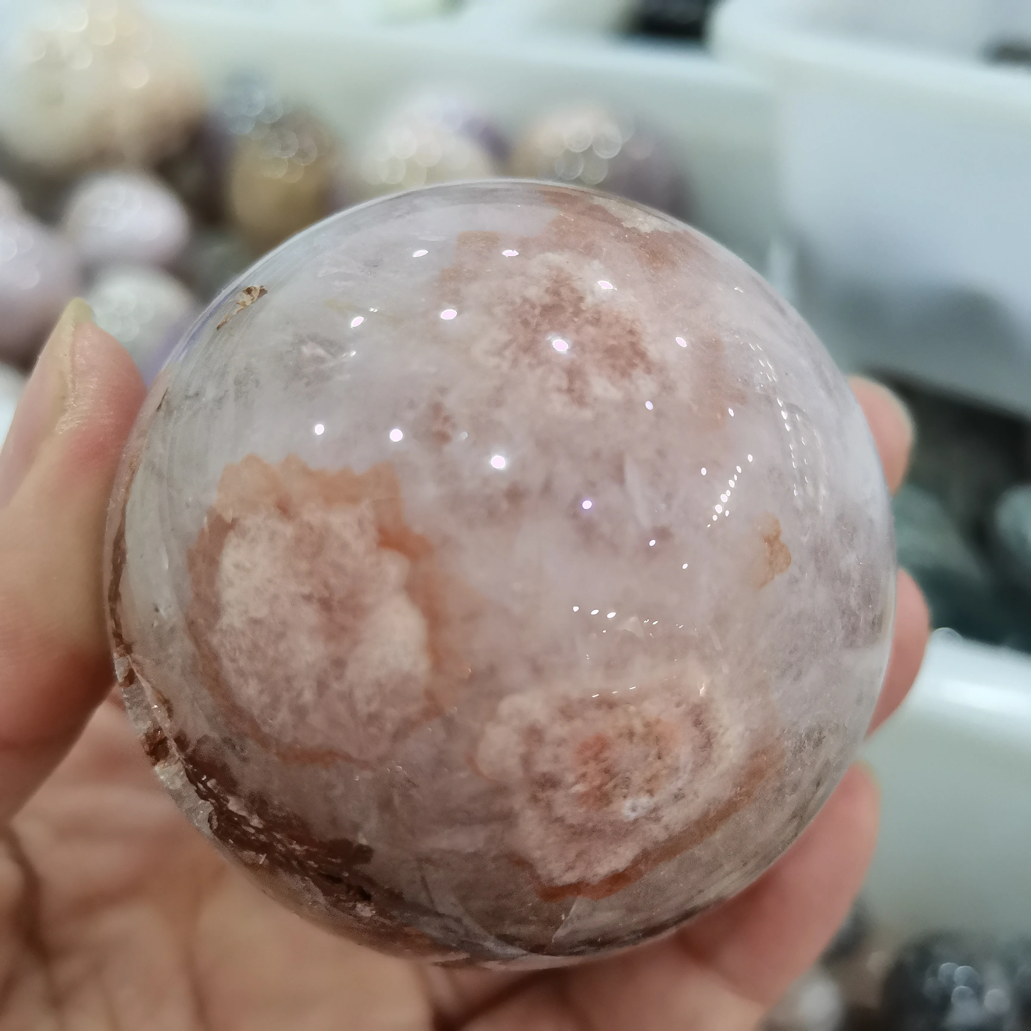 

1pc Natural Gemstones Flower Agate Crystal Sphere Healing Cherry Blossoms Agate Ball Carving Fengshui Divination Home Decoration