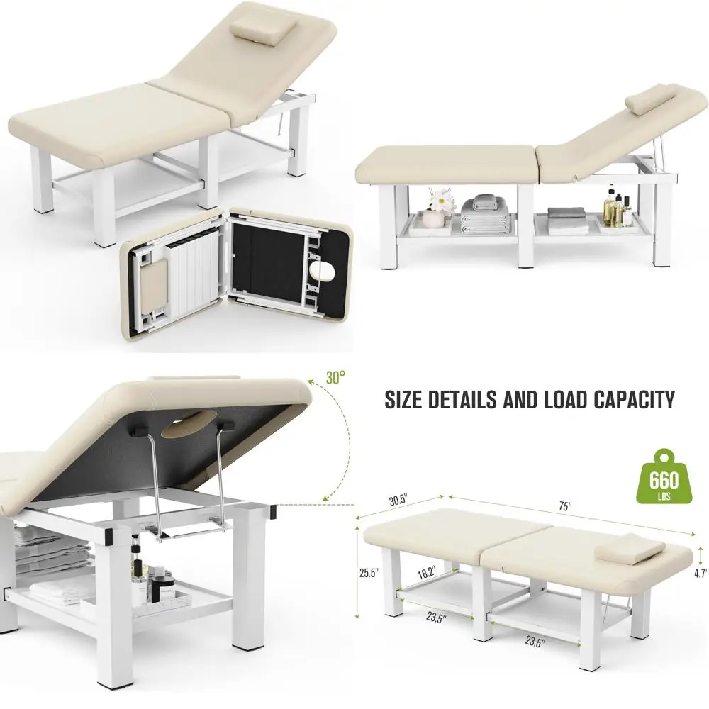 Mesa de masaje plegable portátil con respaldo ajustable y almacenamiento, estructura de metal, cuero PU, 30,5 de ancho × 75 de largo