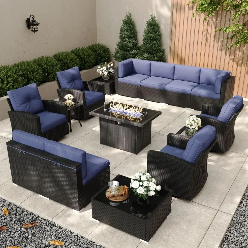 

15 Pieces Patio Furniture Set with Fire Pit Table, 4 Swivel Chairs, Outdoor All-Weather Wicker Conversation Sectional Sofa Set