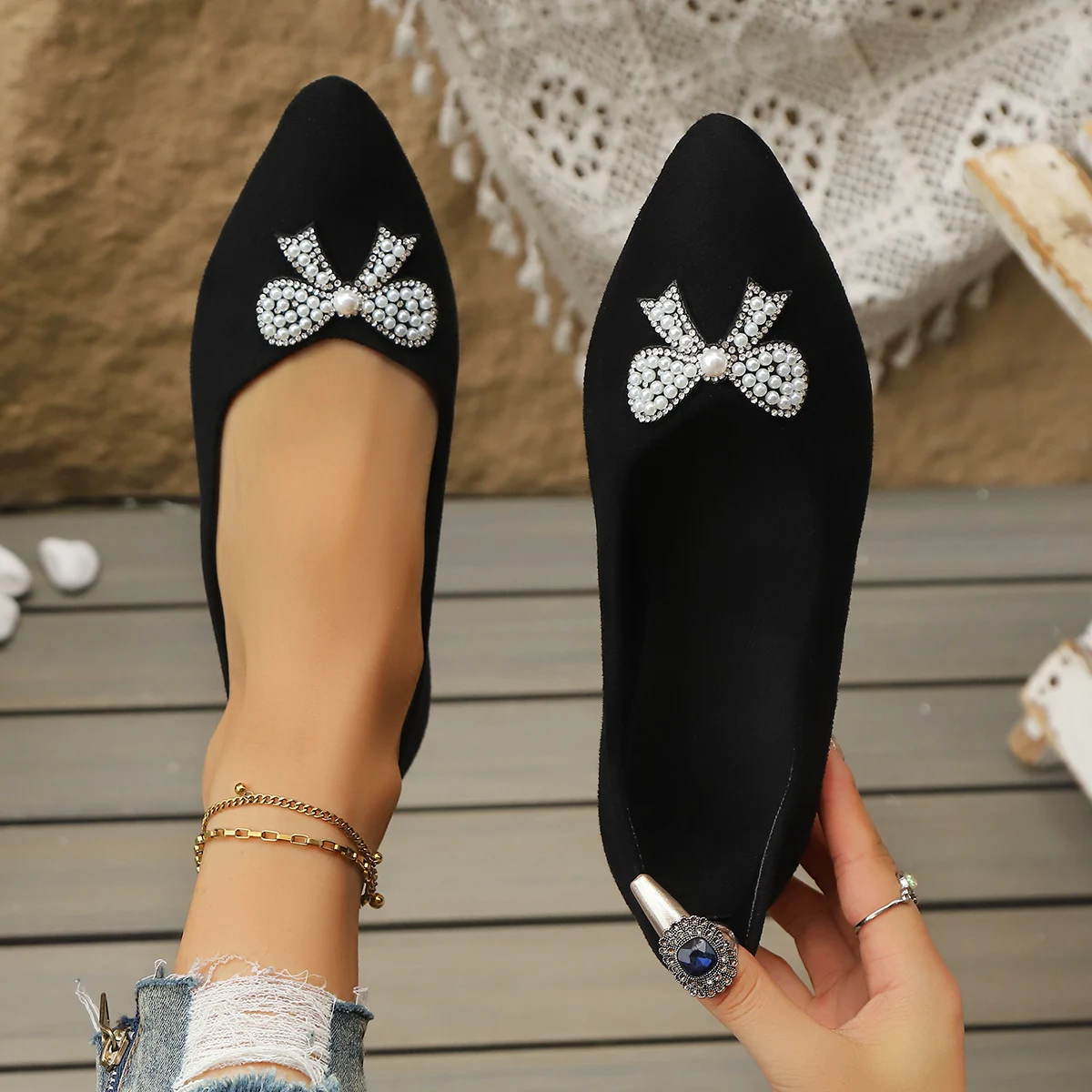 المرأة موضة اللؤلؤ ربطة ديكور كعب مسطح حذاء كاجوال المرأة الراحة لينة وحيد الشقق امرأة الانزلاق على كعب مسطح أحذية مشي