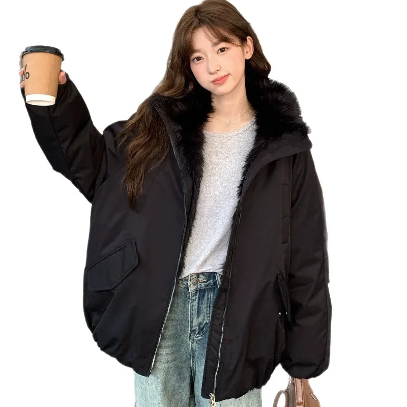 New Short Padded Jacket Women Fur Hood Trim Fur Panel Zip Front Slant Pockets Oversize Solid Puffy Fall Winter Trendy