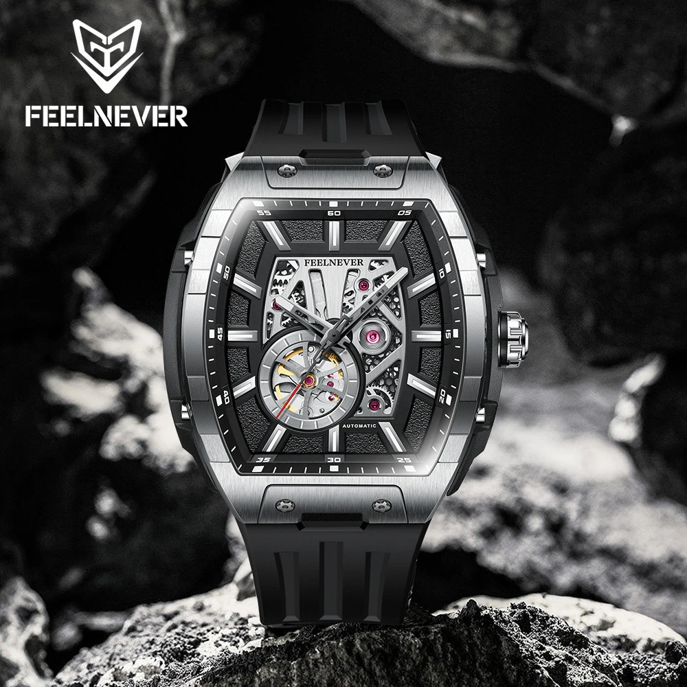 FeelNever Mechanical Watches for Men Fashion Luxury Business Square Sapphire Silicone Strap Waterproof Luminous Casual Man Watch